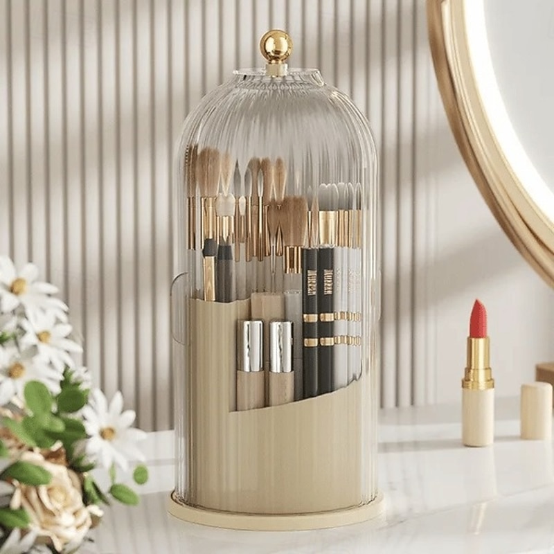 Makeup Brush Organizer Birdcage Design Dustproof Rotating Cosmetic Storage Box Desktop Divider Holder for Brushes Pens Tools Vanity Accessories2