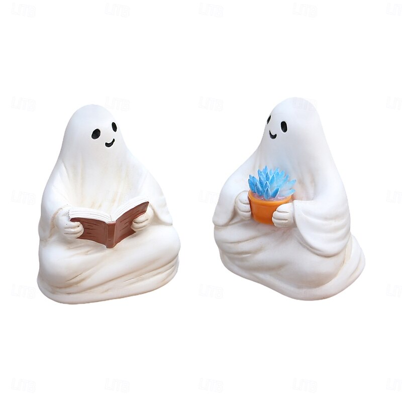 2PCS Halloween Resin Reading Cute Ghost Decoration Figurines Set, Creative Spooky Cute Ghost Decoration Decor for Outdoor Yard and Indoor Home Display2