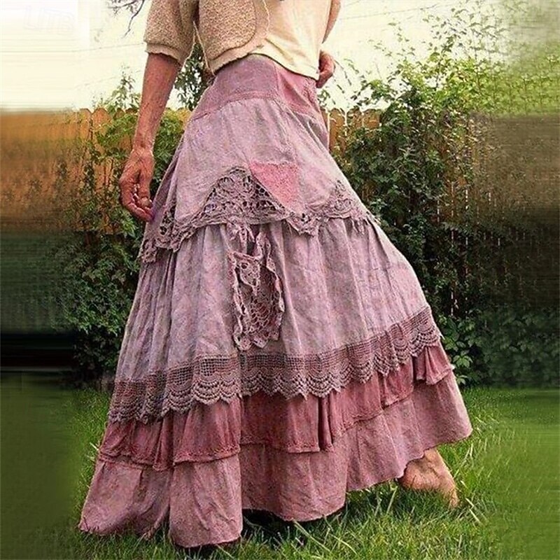 Women's Skirt Swing Fashion Casual Maxi High Waist Skirts Color Block Lace Patchwork Casual Daily Weekend Yellow Pink Blue Gray Spring Polyester2