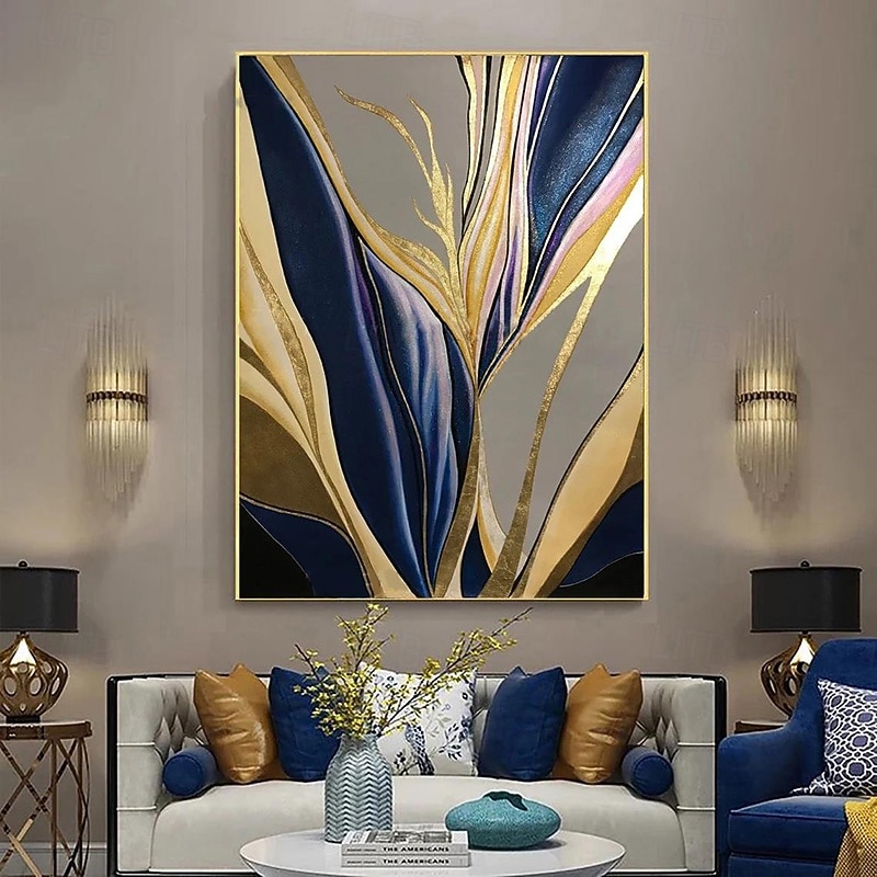 Handmade Oil Painting Canvas Wall Art Decoration Abstract  Modern Gold-Edged Blue Feather for Home Decor Rolled Frameless Unstretched Painting