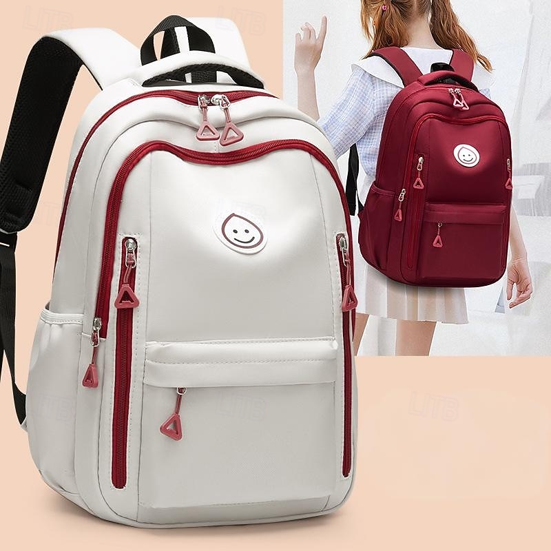 Unisex White School Backpack with Red Zipper Details, Large Capacity Waterproof Multi-Pocket Bookbag for Middle and High School Students