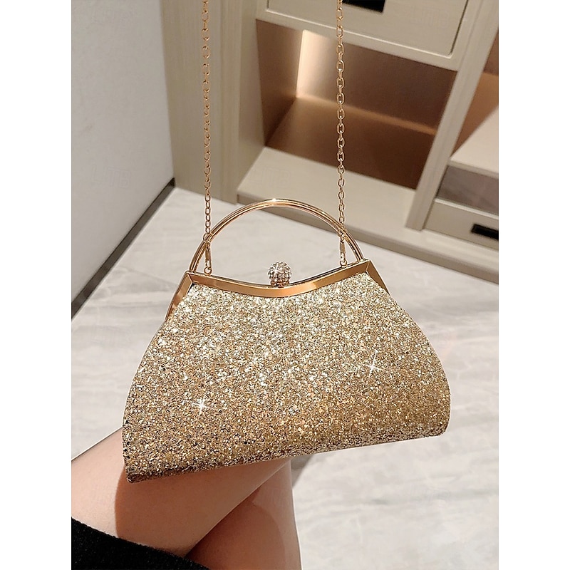 Women's Glitter Evening Clutch Bag – Sparkly Gold Handbag with Chain Strap, Elegant Party Purse for Weddings, Proms and Cocktail Events4