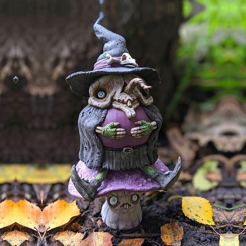Halloween Scary Witch Resin Figurine, Spooky Home and Garden Decor, Mushroom Fairy Statue for Halloween Party Atmosphere