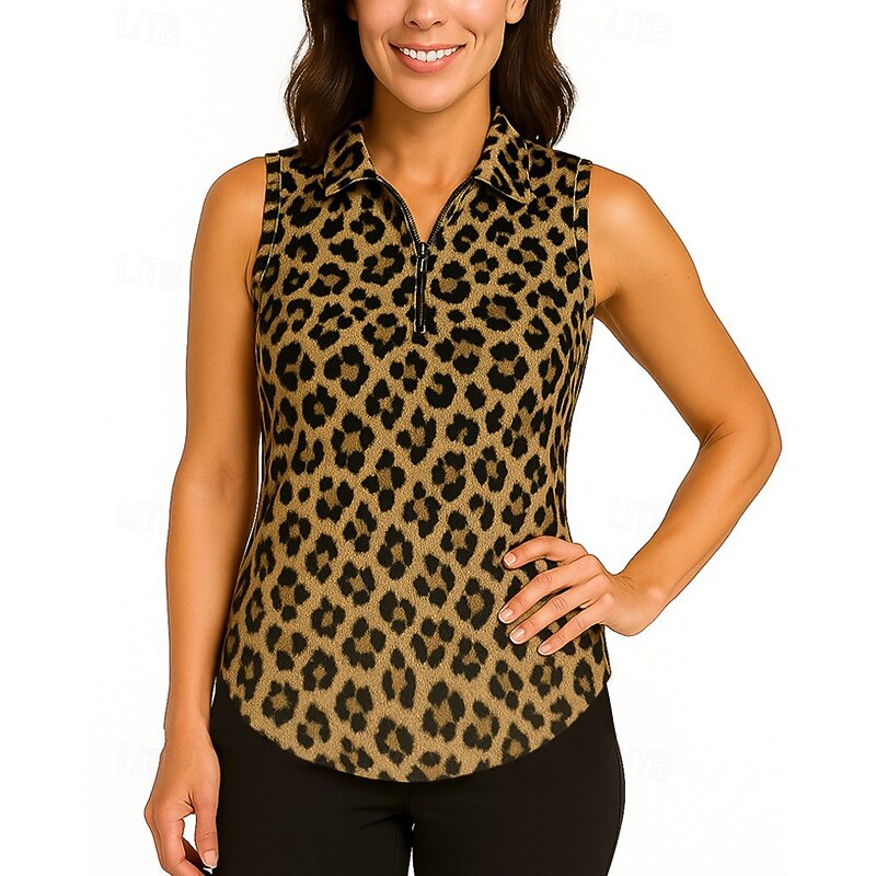 Women's Leopard Golf Polo Shirt Tennis Shirt Tennis Tank Top Sleeveless Print Shockproof High Elasticity Breathable Tennis Golf Pickleball Zip Collar Shirt Polo Brown Tennis Clothing