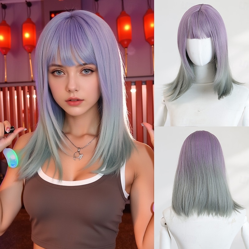 Short 14″ Gradient Green Straight Wig for Women – Full Bangs, Synthetic Hairpiece, Perfect for Halloween & Photo Shoots