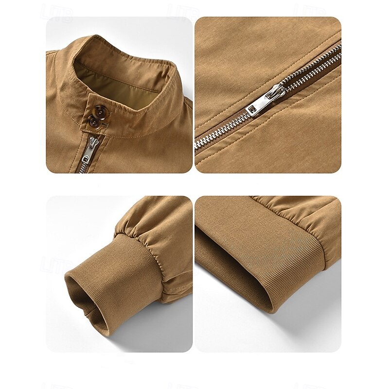 Men Trucker Jacket Outdoor Jacket Sport Coat Hiking Jacket Outdoor Casual Zip Up Spring Fall Solid Color Minimalist Casual Stand Collar Regular Brown Khaki Jacket3