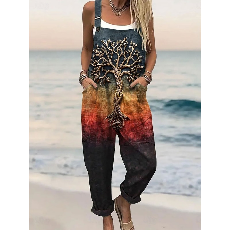 Women's Dungarees Active Graphic Sleeveless Print Vacation Daily Loose Fit Orange Summer