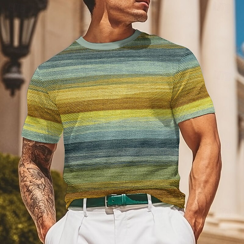 Men's Geometric Horizontal Stripes Waffle Shirt Short Sleeve T shirt 3D Print Crew Neck Shirt Fashion Casual Comfortable Street Casual Daily Yellow Blue Brown Summer Spring Clothing Apparel S M L XL3