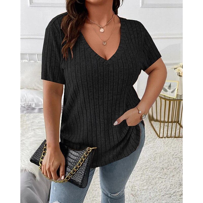 Women's Texture Blouse T Shirt Plain Fashion Modern Short Sleeve V Neck Regular Tops Daily Black Wine Purple Summer2