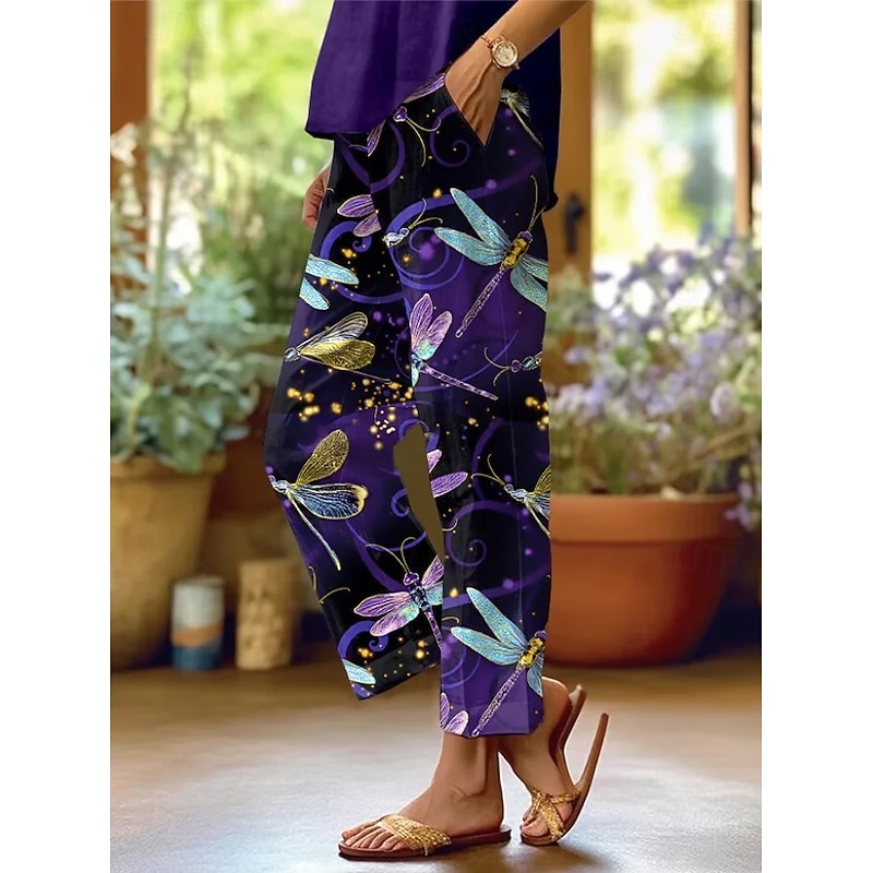 Women's Chinos Vacation Vintage Ethnic Style Ankle-Length High Waist Floral Graphic Leaf Pocket Soft Outdoor Breathable Inelastic Vacation Street Causal Deep Purple Black Light Purple Green Summer4