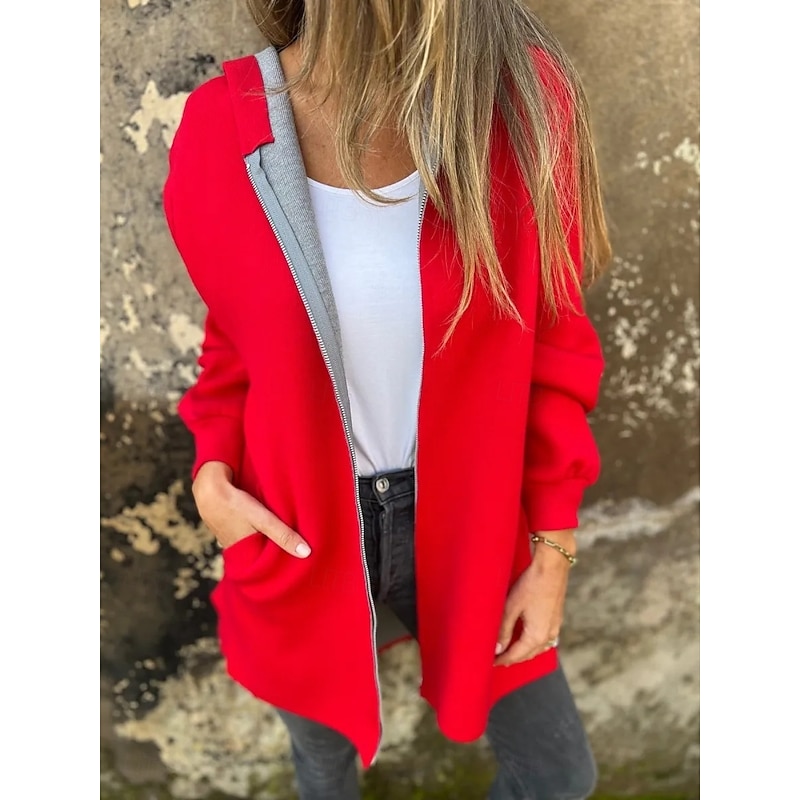 Women's Hoodie Jacket Comfortable Breathable Zipper Pocket Fashion Daily Plain Outdoor Casual Daily Single Breasted Regular Hooded Regular Fit Long Sleeve Outerwear Black Red Dark Gray Spring Fall