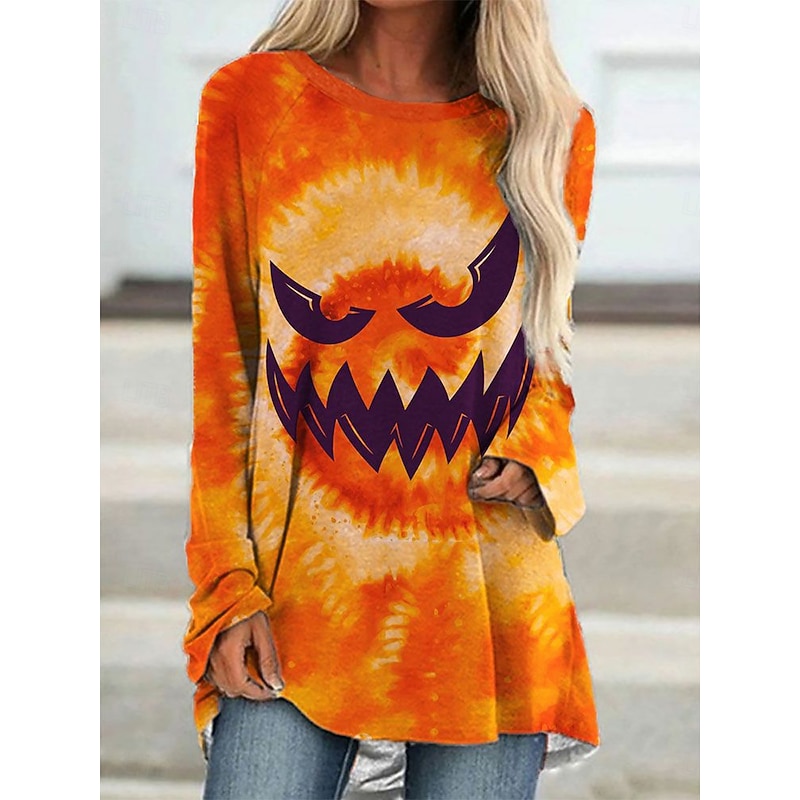 Halloween Women's T shirt Pumpkin Graphic Vintage Stylish Classic Long Sleeve Crew Neck Round Neck Long Tops Daily Print Black Yellow Orange Spring Fall