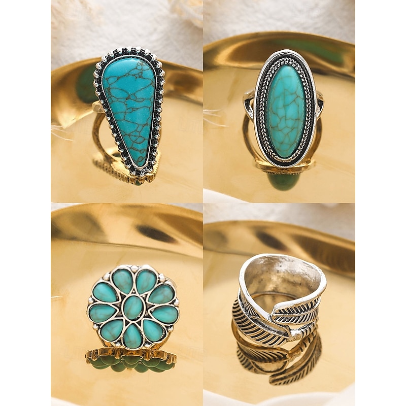 Women's Bohemian Turquoise Ring Set – Vintage Silver Plated Stackable Rings with Blue Stone Details for Parties, Festivals and Everyday Wear3