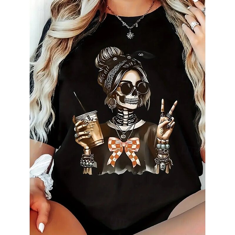 Halloween Women's T Shirt Skulls Cotton Shirt Flag Vintage Stylish Classic Short Sleeve Crew Neck Round Neck Regular Tops Daily Print Black White Summer Spring4