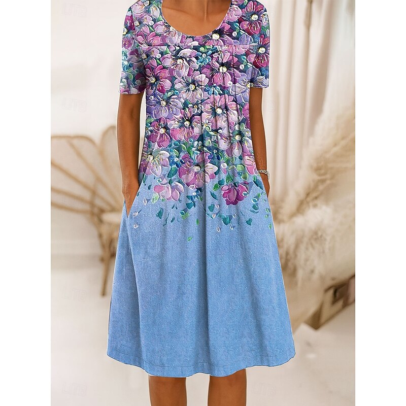 Women's Midi Dress Shift Dress A Line Dress Summer Dress Vacation Casual Regular Fit Floral Graphic Geometric Short Sleeve Crew Neck Yellow Pink Red Blue Summer Spring4