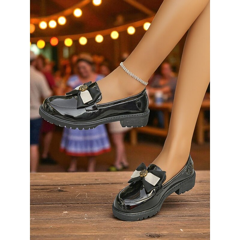 Women's Patent Leather Loafers with Bow and Flower Detail – Retro Flat Slip-On Shoes for Oktoberfest, Fall Festivals, and Casual Streetwear4
