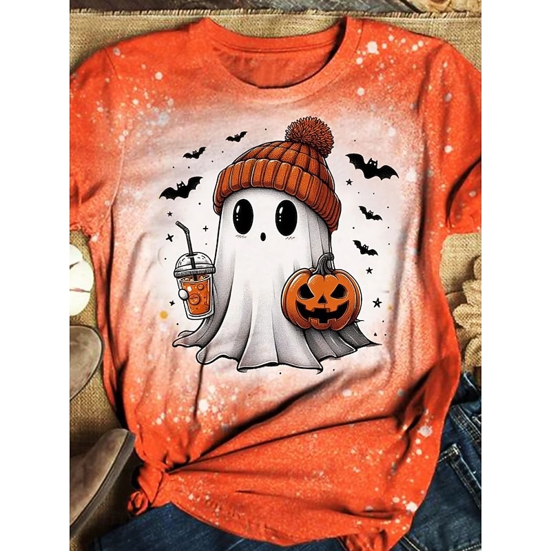 Halloween Women's T shirt Ghost Graphic Vintage Stylish Classic Short Sleeve Crew Neck Round Neck Regular Tops Daily Weekend Print Yellow Pink Dusty Rose Orange off-white Summer Spring Fall