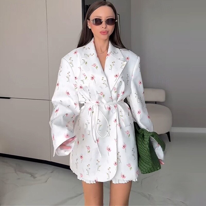 Women's Blazer Comfortable Print Elegant Vintage Fashion Daily Floral Vacation Party Birthday Casual Single Breasted Regular Notch Lapel Loose Fit Long Sleeve Outerwear White Apricot Summer Spring