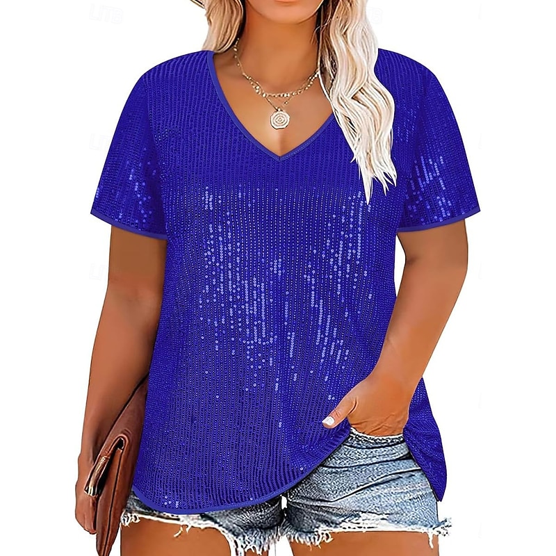 Women's Sequin Sparkly Party Glitter Sparkly Fashion Modern Short Sleeve V Neck Regular Tops Weekend Sequins Black White Red Navy Blue Blue Summer4
