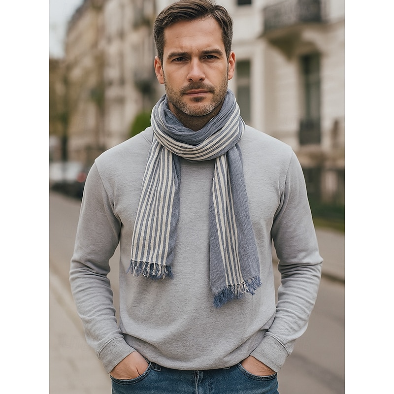 Men's Striped Cotton Scarf – Lightweight Soft Fringed Wrap for Fall & Winter, Casual Vintage Style Shawl for Travel, Daily Wear & Outdoor Activities2