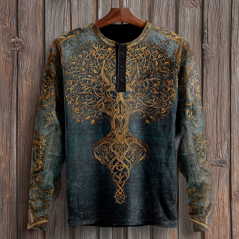 Men's Graphic Tree Retro Henley Shirt Long Sleeve Fashion Cute Daily Casual Holiday Going out Fall Spring &  Fall Dark Blue Henley Henley T-Shirt