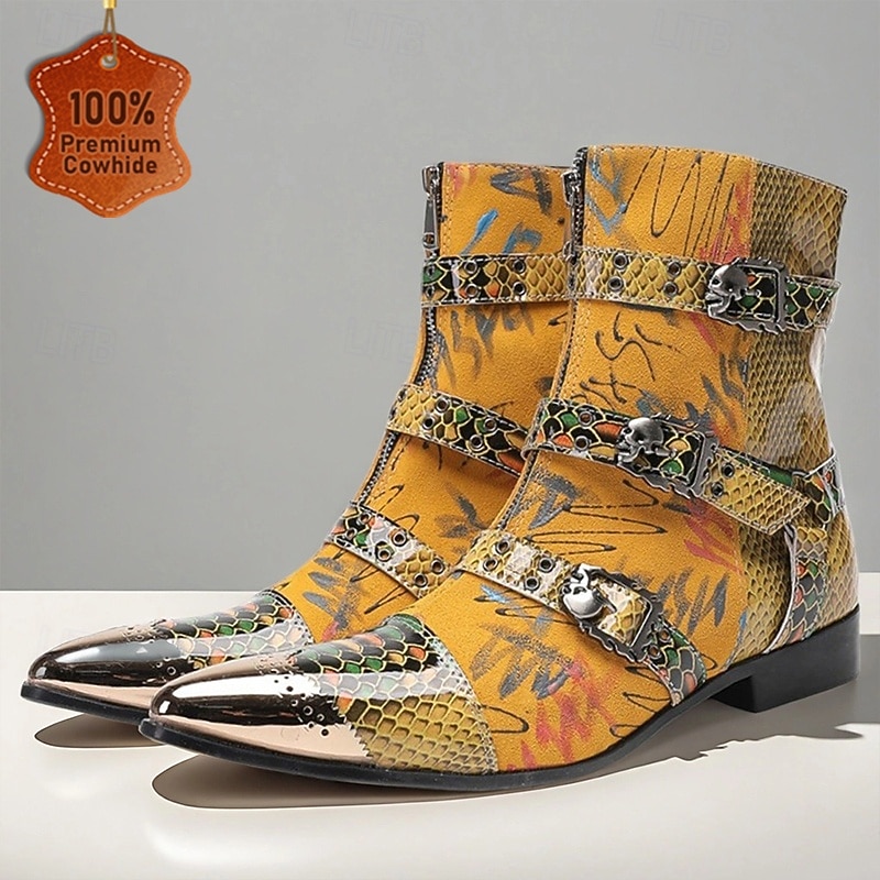 Men's Multi-Colored Snake Print Boots - Unique Design Cowhide Boots for Stylish Men - Great for Fashionable Night Outs, Parties and Trendy Events