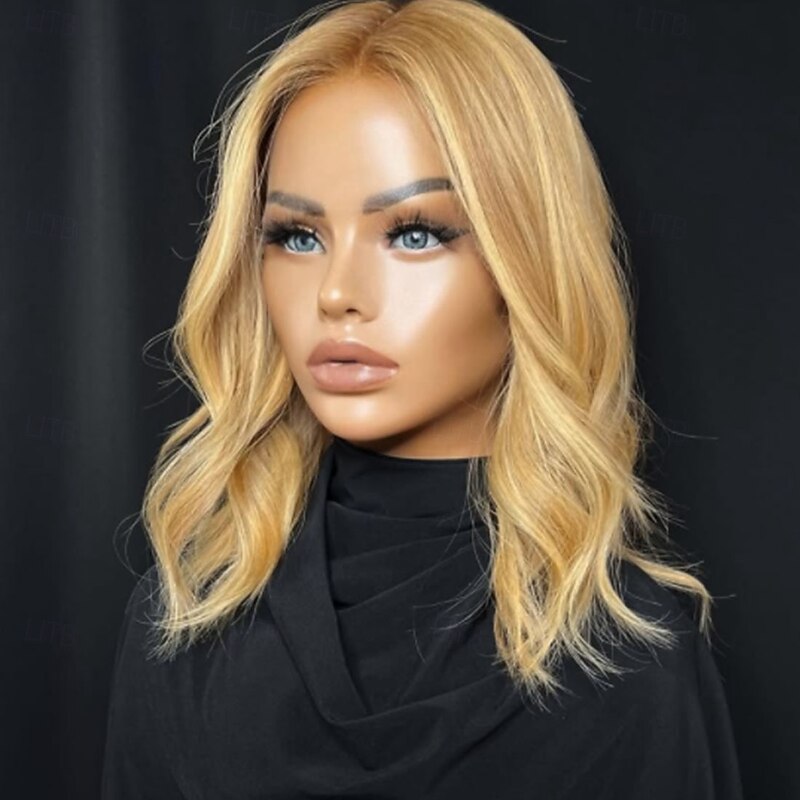 Remy Human Hair 5x5 Closure 13x4 Lace Front Wig Short Bob Brazilian Hair Wavy Blonde Wig 130% 150% Density Highlighted / Balayage Hair Natural Hairline 100% Virgin Glueless Pre-Plucked For Women Long3