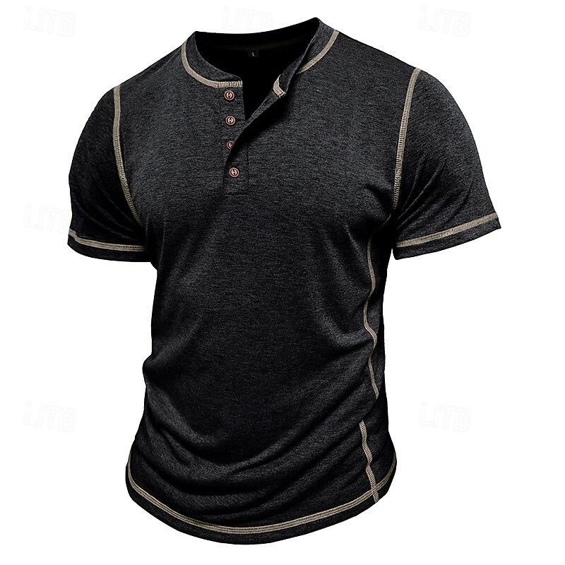 Men's Henley Shirt Cotton Shirt Tee Short Sleeve Solid Color Plain Solid Fashion Designer Casual Color Block Buttons Henley Outdoor Casual Daily Summer Dark Grey Black Blue Henley T-Shirt2