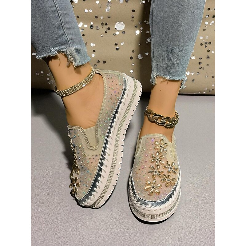Women's Rhinestone Embellished Slip-On Sneakers with Mesh Upper and Chunky Sole - Trendy Nightlife Party and Clubbing Shoes for Ladies4