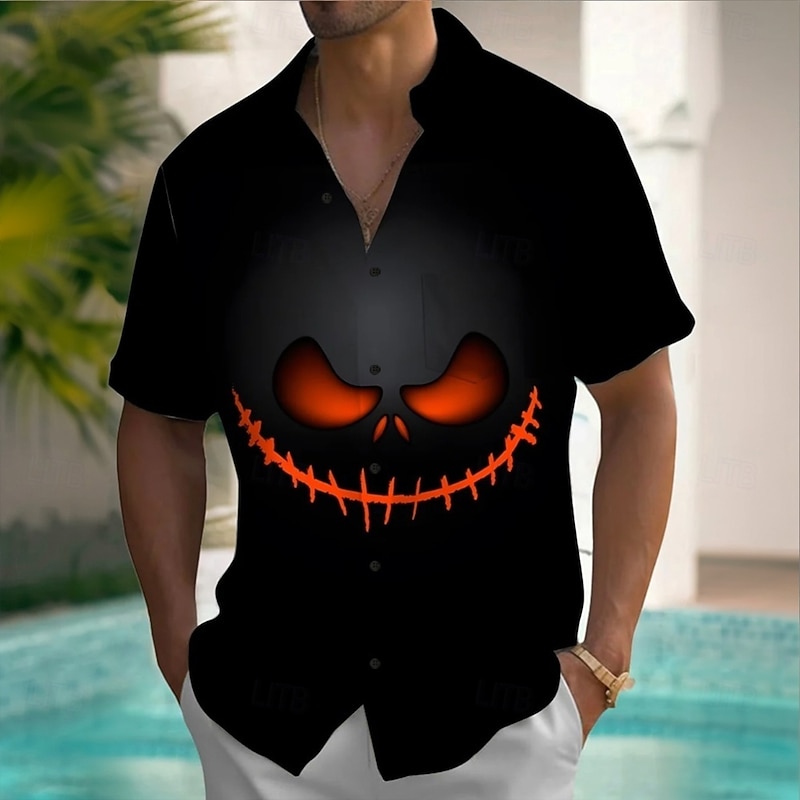 Halloween Men's Lantern Face Halloween Costumes Shirt Summer Shirt Button Up Shirt Short Sleeve Dark Gothic Style Outdoor Vacation Dailywear Summer Spring Turndown 3D Print Collared Shirts Front One