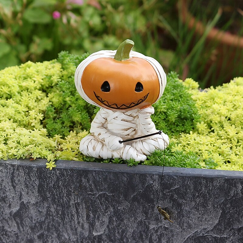 Halloween Resin Bandaged Pumpkin Fishing Figurine, Spooky Outdoor Yard Garden Planter and Desktop Home Decoration3