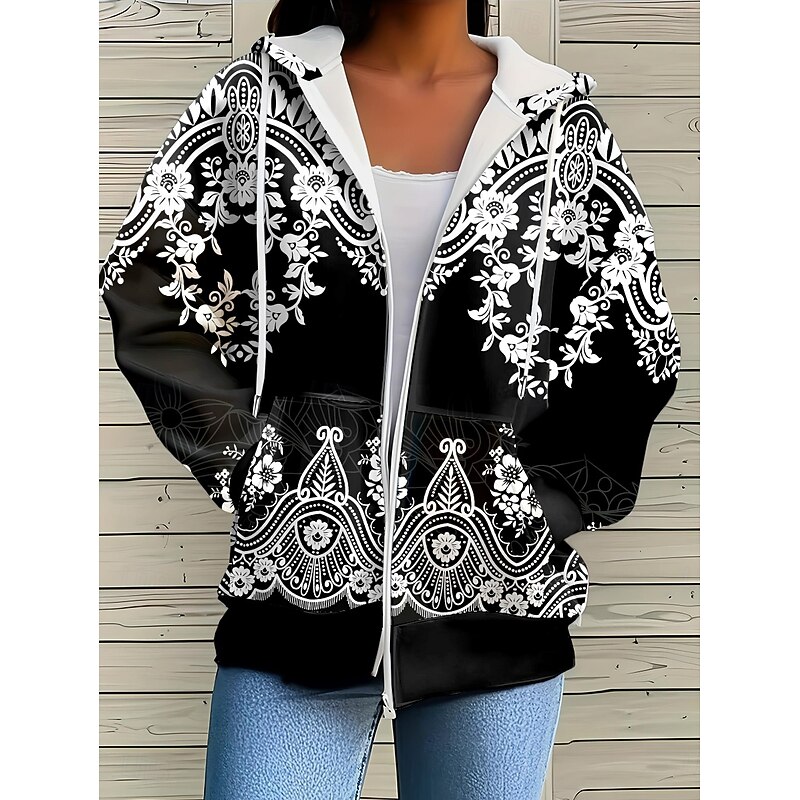 Women's Hooded Sweatshirt Jacket Long Sleeve Zip Up Hoodie With Pocket Lightweight Casual Oversized Geometric Striped Active Vintage Sports Drawstring Black Pink Red Blue Orange Spring Fall