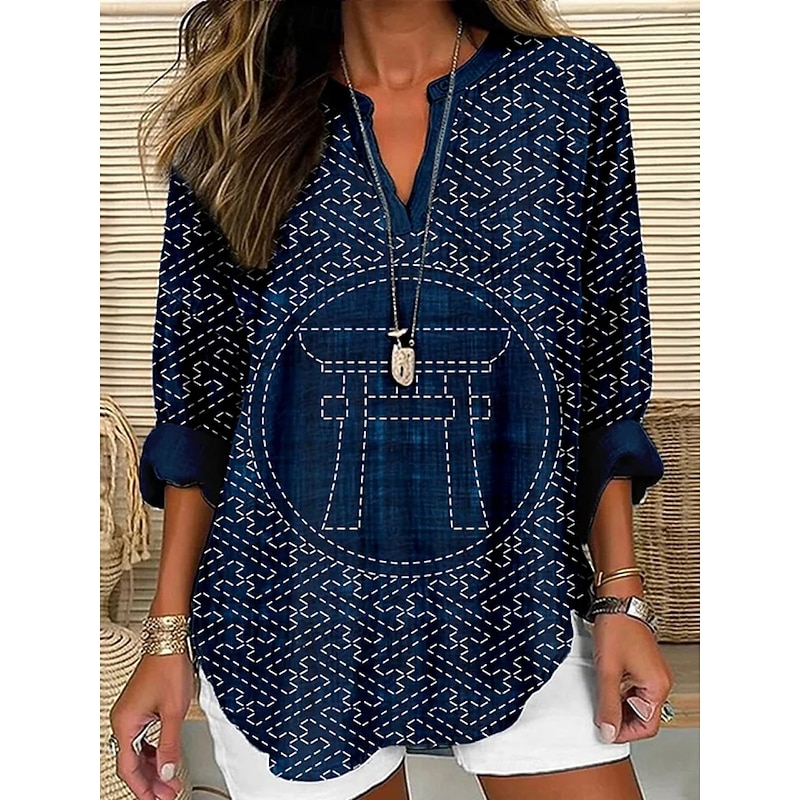 Women's Shirt Geometric Daily Casual Long Sleeve V Neck Regular Tops Daily Holiday Buttons Print Black Navy Blue Spring Fall3
