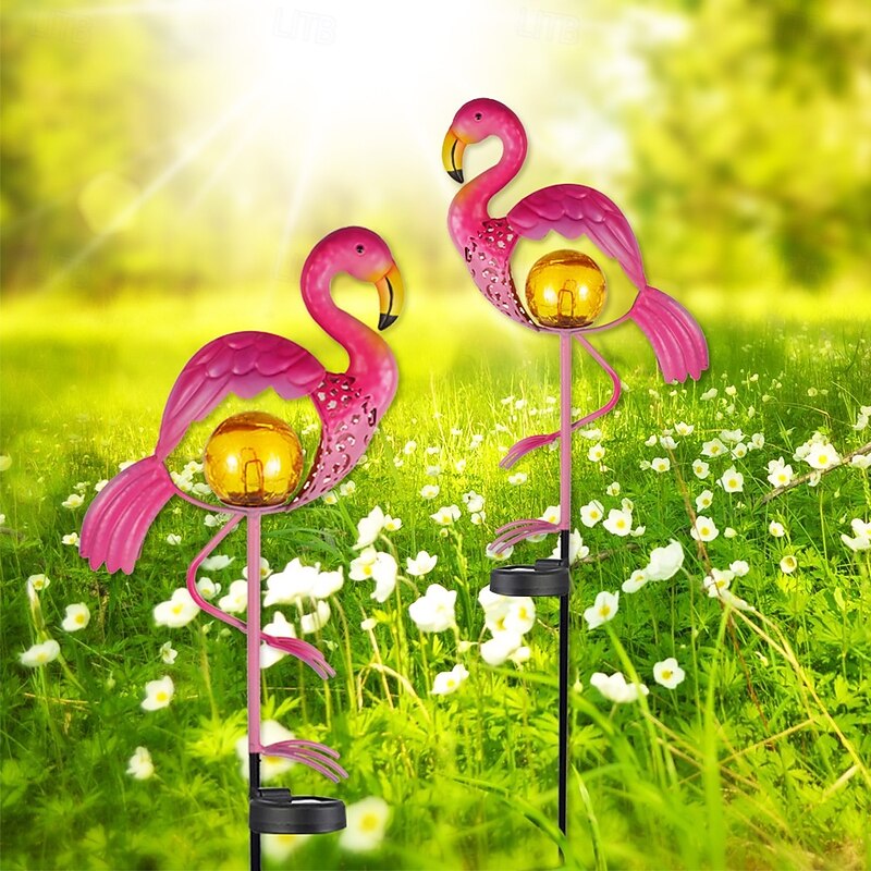 Solar Powered Outdoor Ironwork Flamingos LED Garden Lights Outdoor Waterproof Lawn Insert Lights Villa Garden Walkways Christmas Party Holiday Landscape Lights