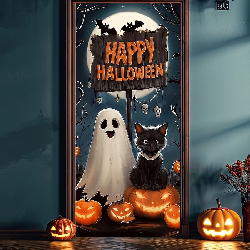 Halloween Door Cover – Flying Witch Silhouette with BOO Sign, Haunted House Entrance Banner, Scary Outdoor & Indoor Decoration for 2025 Halloween Bedroom, Living Room, Bathroom4