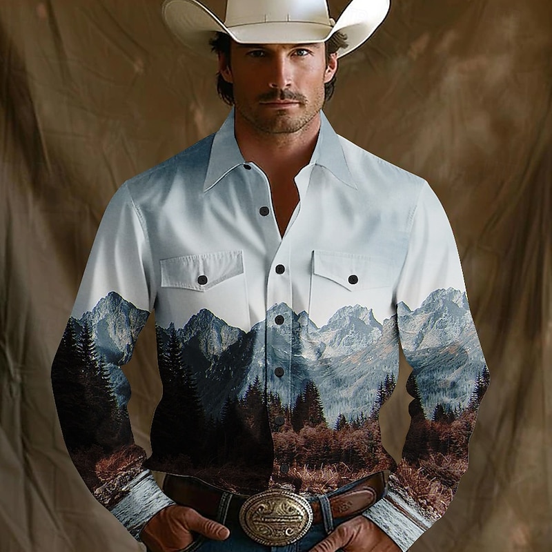 Men's Landscape Mountain Western Shirt Button Up Shirt Cowboy Shirt Long Sleeve Western Vintage Retro Outdoor Camping & Hiking Spring Fall Turndown Collared Shirts Front Two Pockets Blue