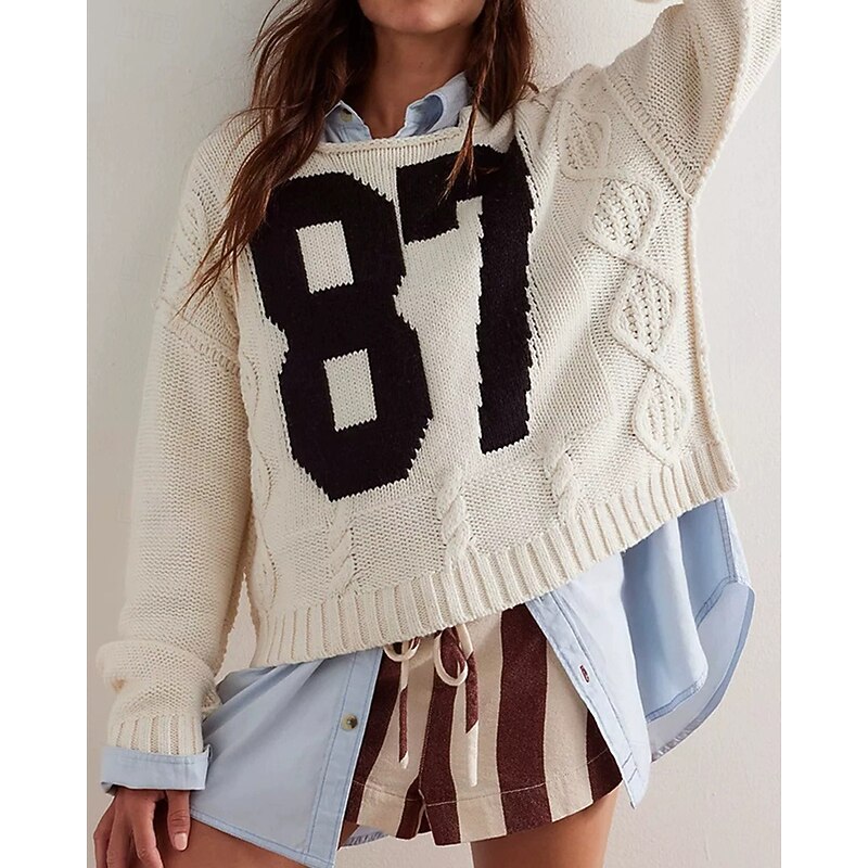 Women's Sweater Pullover Daily Stylish Casual Print Ribbed Crew Neck Knitted Long Sleeve Regular Tops Knit Daily Holiday Going out Khaki Dark Blue Fall Winter