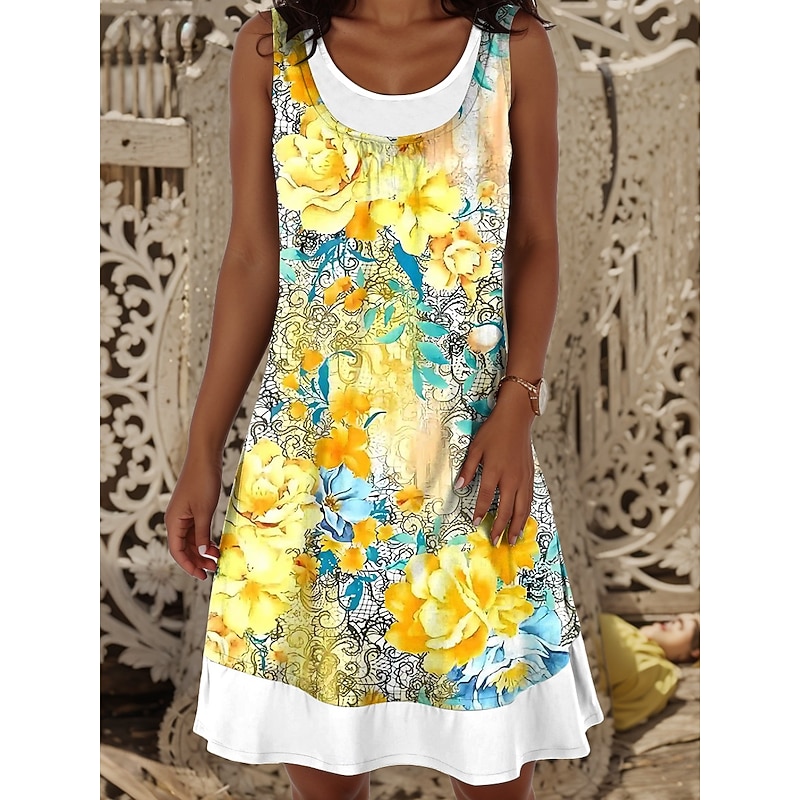 Women's Mini Dress T Shirt Dress Tee Dress Sundress A Line Dress Vacation Casual Daily Regular Fit Floral Graphic Sleeveless Crew Neck Yellow Blue Green Summer Spring Fall