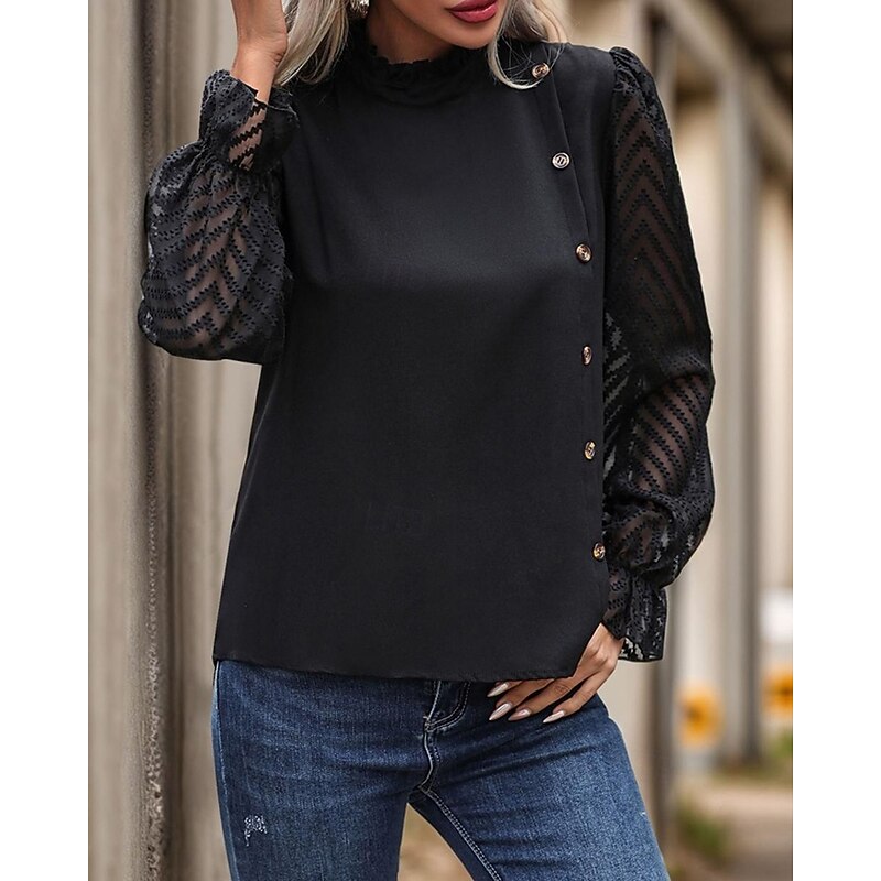 Women's Shirt Texture Blouse Plain Stylish Modern Long Sleeve High Neck Regular Tops Daily Going out Buttons Mesh Black Spring Fall3