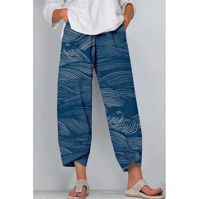 Women's Slacks Vacation Vintage Ethnic Style Full Length High Waist Floral Graphic Geometic Elastic Waistband Comfy Breathability Soft High Elasticity Outdoor Street Daily Navy Blue Blue Purple2