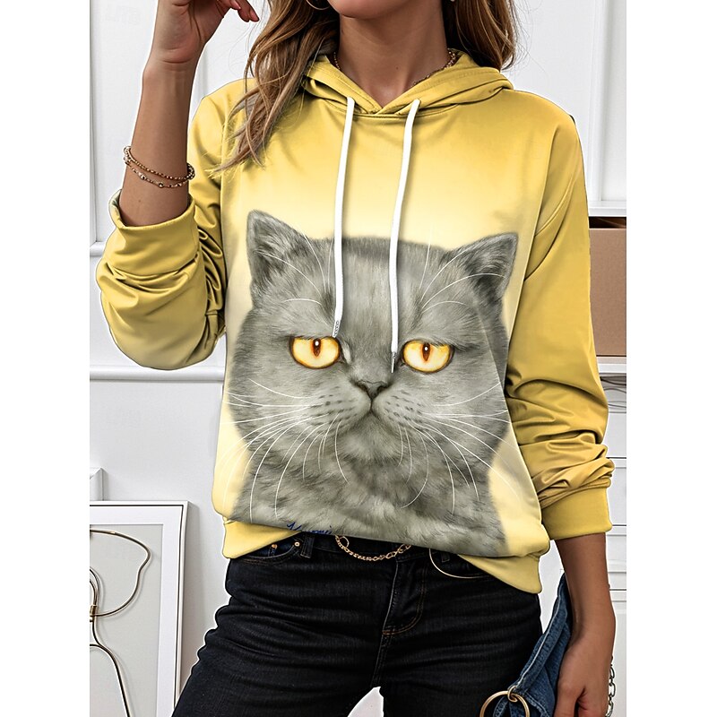 Kayomi Harai Women's Hoodie Pullover Sweatshirt Oversized Long Sleeve Casual Graphic Animal Cat Vintage Fashion Western Hooded Street Dailywear Holiday Print Light Pink Yellow Light Green Fall Winter