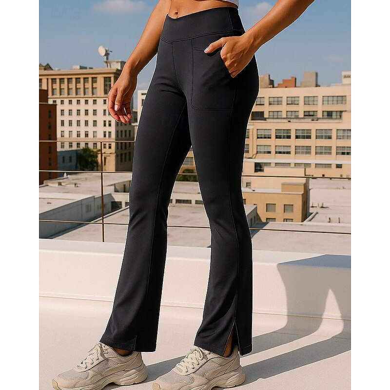Women's Running Pants Flare Leggings Pocket High Waist Bottoms Athleisure Gym Workout Fall Breathable Tummy Control Gym Workout Outdoor Athletic Regular Fit Sportswear Activewear Solid Colored Black3