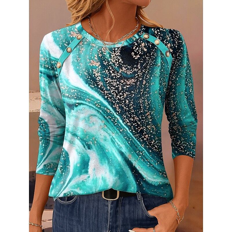 Women's T Shirt Graphic Geometric Vintage Casual Long Sleeve Crew Neck Regular Tops Daily Buttons Print Sage Green Blue Purple Brown Green Spring Fall Winter3