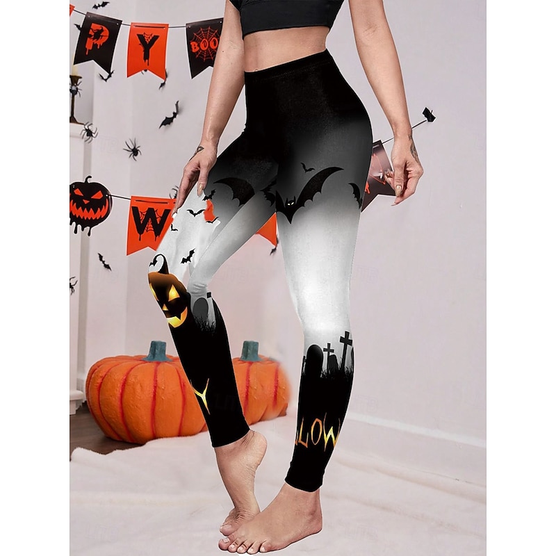 Women's Leggings Vintage Casual Ankle-Length High WaistPantsHalloween Graphic Pumpkin Printing Soft Breathable Stretchy Outdoor Daily Black and Blue Black and White Black Yellow Fall Winter Slim Fit