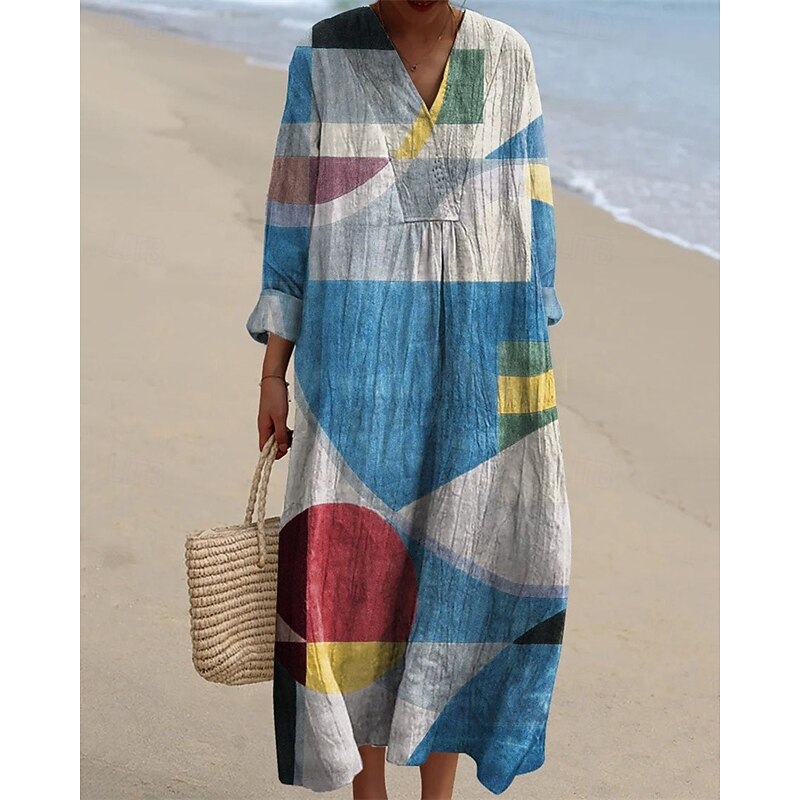 Women's Midi Dress Casual Dress Print Dress Fashion Modern Daily Beach Weekend Regular Fit Tree Long Sleeve V Neck Yellow Blue Orange Dark Blue Spring Fall3