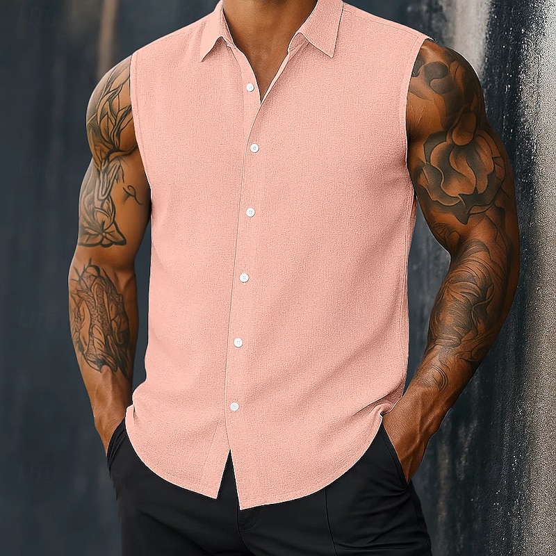 Men's Shirt Linen Shirt Summer Shirt Beach Wear Button Up Shirt Plain Daily Streetwear White Pink Blue Sleeveless Turndown Summer Spring Clothing Apparel