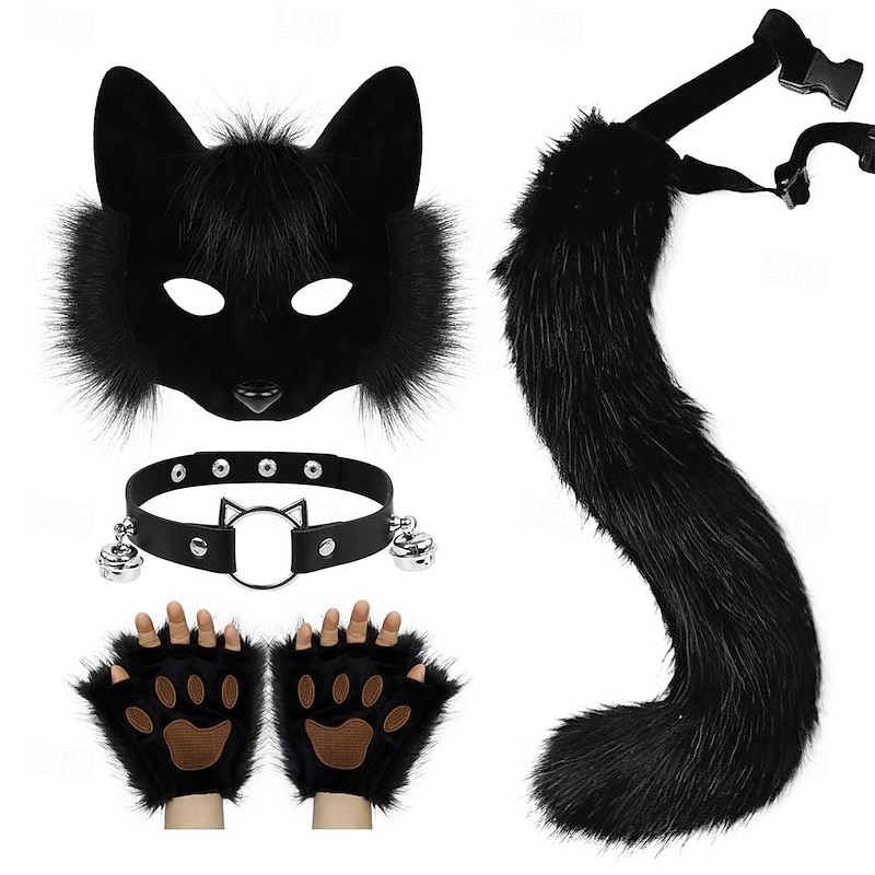 Furry Animal Mask Set – Half Face Cat and Fox Mask with Tail, Ears, and Collar for Halloween Costume, Cosplay Party, Dance and Performance