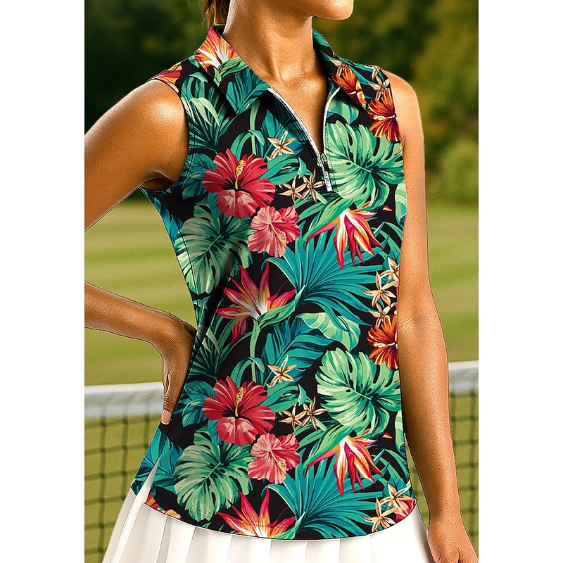 Women's Plants Tropical Floral Botanical Tops Sport Shirt Golf Polo Shirt Tennis Shirt Sleeveless Zipper UPF50+ UV Resistant High Elasticity Moisture Wicking Breathable Tennis Pickleball Running3