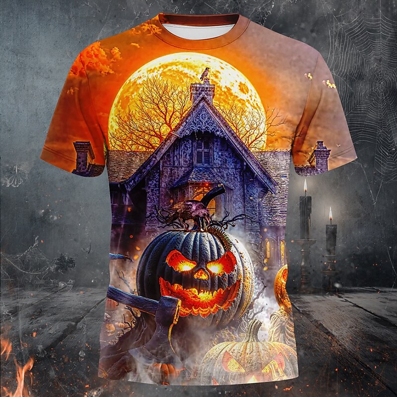 Halloween Men's Pumpkin 3D T Shirt Short Sleeve T shirt 3D Print Crew Neck Shirt Exaggerated Designer Horror Party Street Casual Orange Summer Spring Clothing Apparel S M L XL XXL XXXL