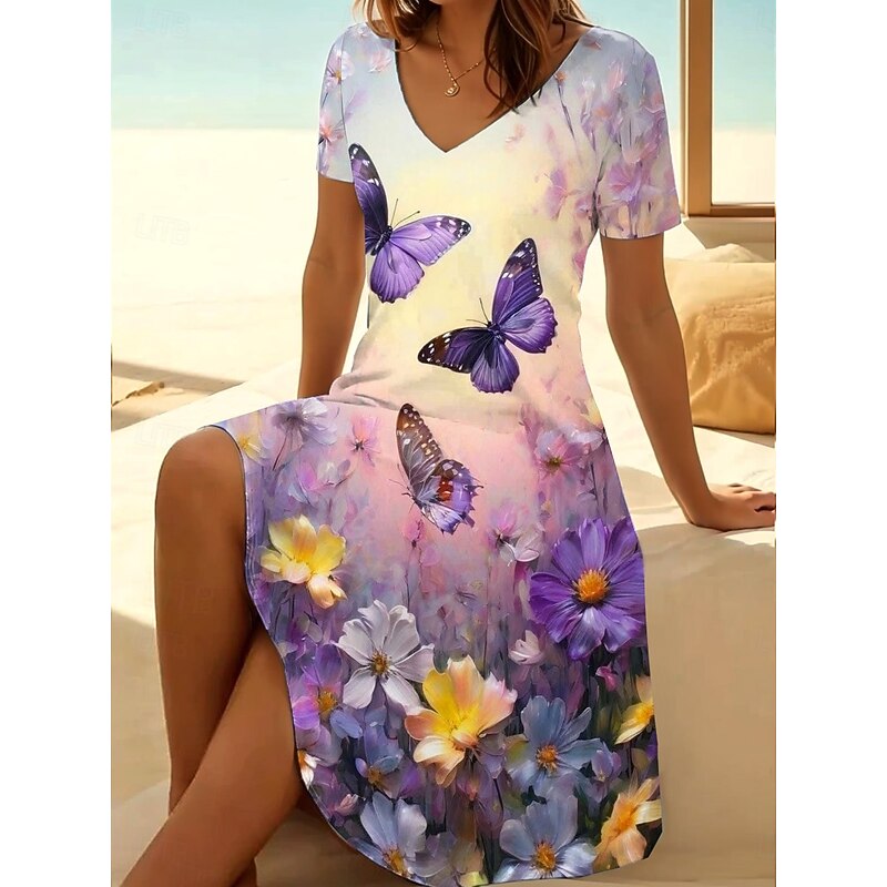 Women's Midi Dress T Shirt Dress Tee Dress A Line Dress Summer Dress Vacation Casual Daily Holiday Date Regular Fit Floral Graphic Animal Short Sleeve V Neck Pink Blue Purple Dark Blue Summer Spring3